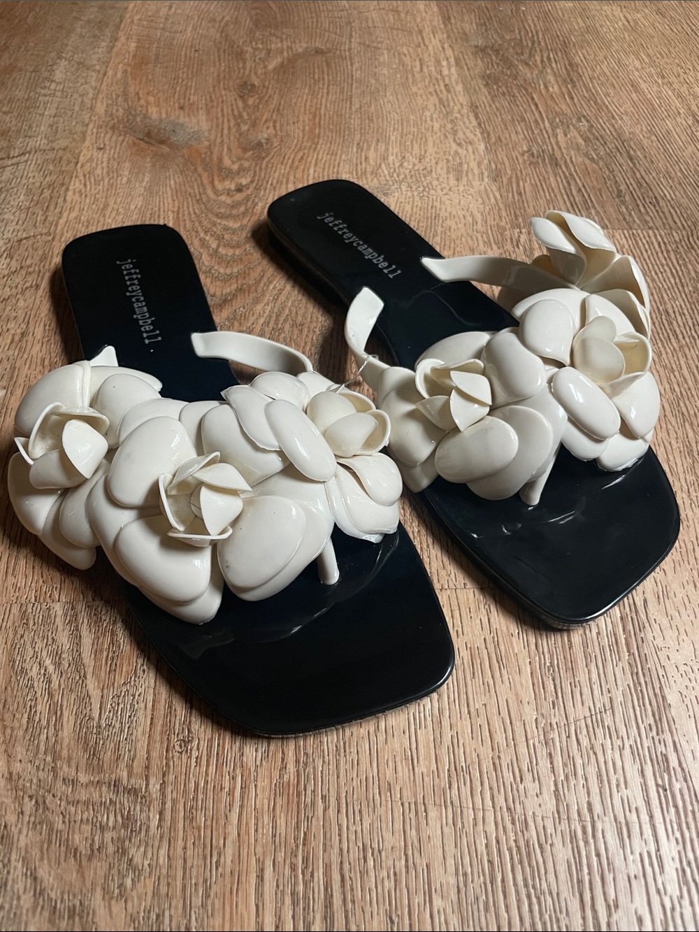 Jeffrey Campbell Black Footbed White Floral Slide Sandals